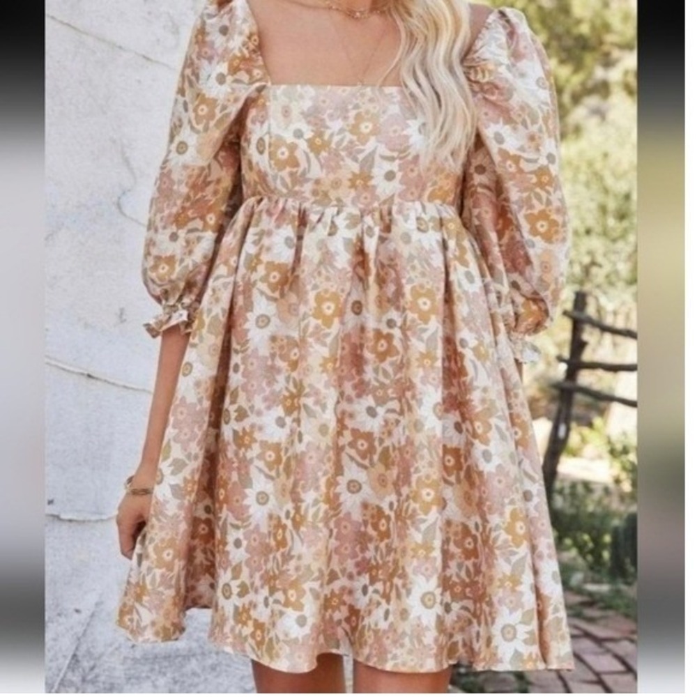 Storia Womens Floral Metallic Puff Sleeve Babydoll‎ Mini Dress Tan Brown Gold M